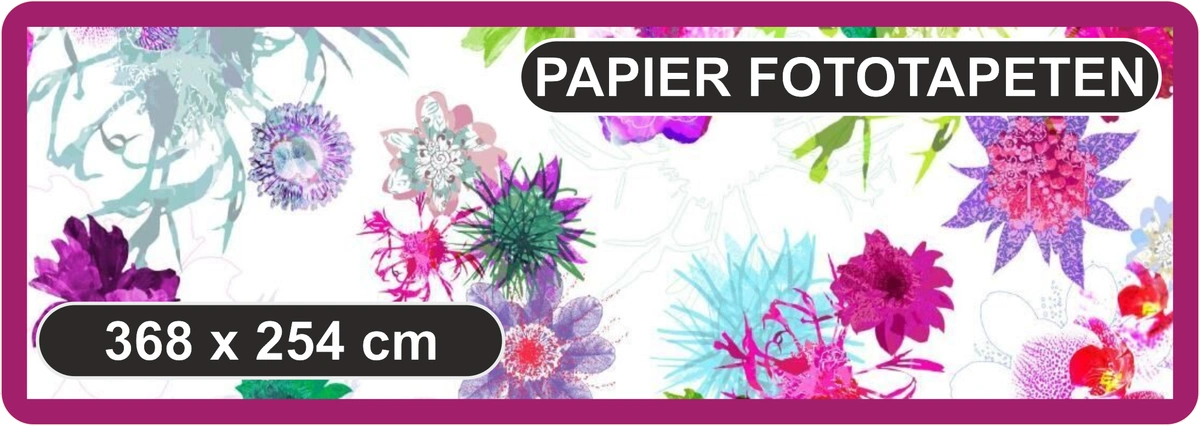 Komar Papier‑Fototapete, 8‑teilig, 368 × 254 cm, farbenfrohes florales Design auf weißem Hintergrund